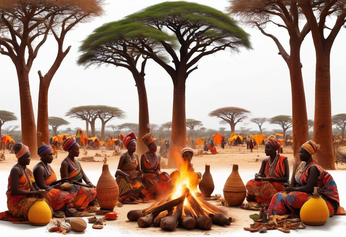 A vibrant collage showcasing diverse African cultural elements, featuring traditional attire, rich patterns, and ceremonial artifacts. Include silhouettes of people engaging in storytelling around a bonfire and lively markets filled with colorful crafts. Incorporate African landscapes with baobab trees and wildlife in the background. super-realistic. vibrant colors. white background.