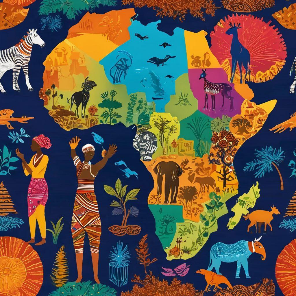 A colorful map of Africa showcasing diverse lifestyle choices, featuring traditional clothing, food, and cultural activities from various regions. Include vibrant patterns and natural landscapes, like savannahs and beaches, to represent the continent's diversity. Incorporate symbols of modern living alongside traditional elements. Use bright, eye-catching colors to evoke a sense of vibrancy and richness. digital illustration. vibrant colors. smooth gradients.